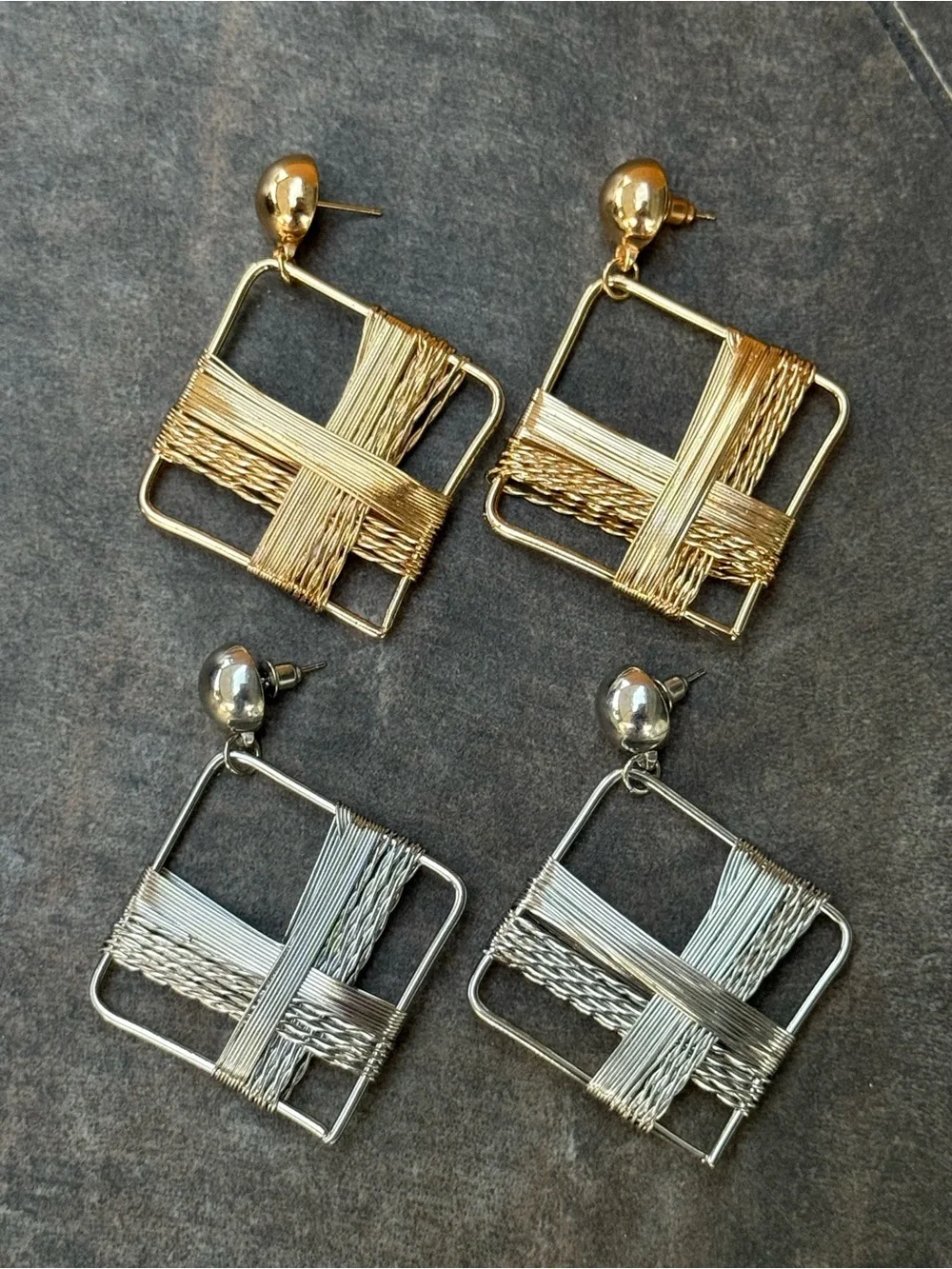 Gold and Silver Woven Square Drop Earrings - Women Jewelry